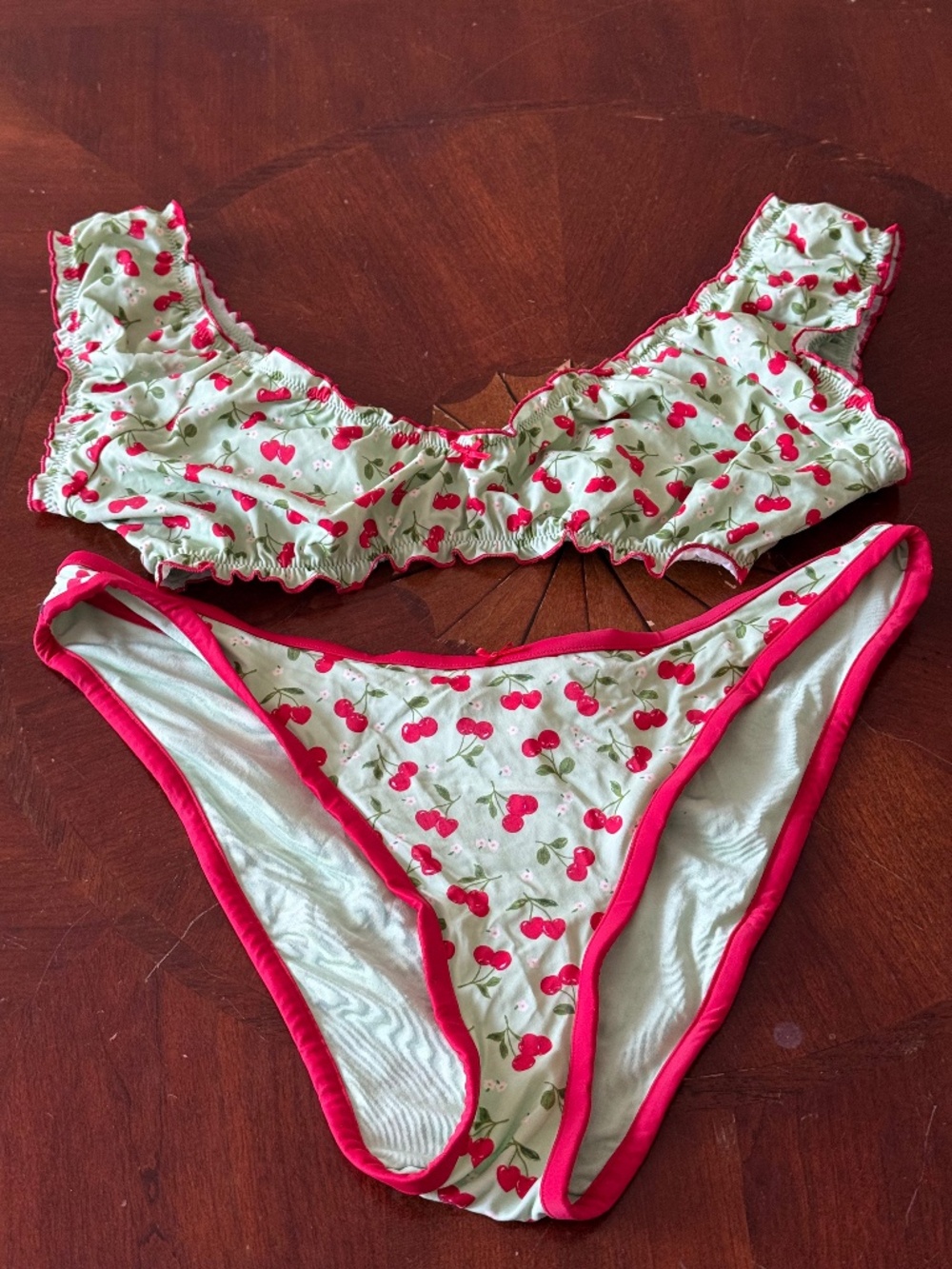 NWOT Pink X Frankie's Bikinis, Green Cherry Print, XL Bottom, L Ruffled Top